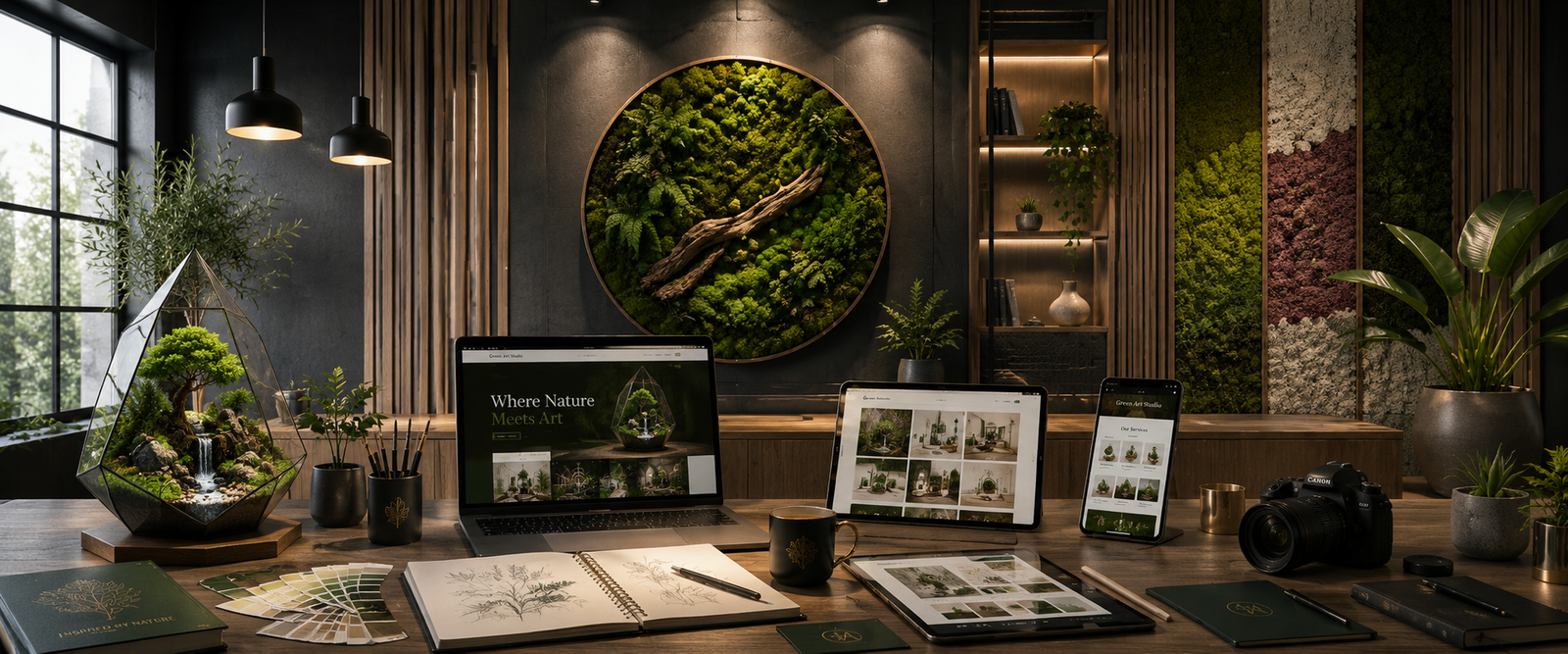 Green Art Studio creative workspace featuring terrarium, moss wall art, sketching and digital design